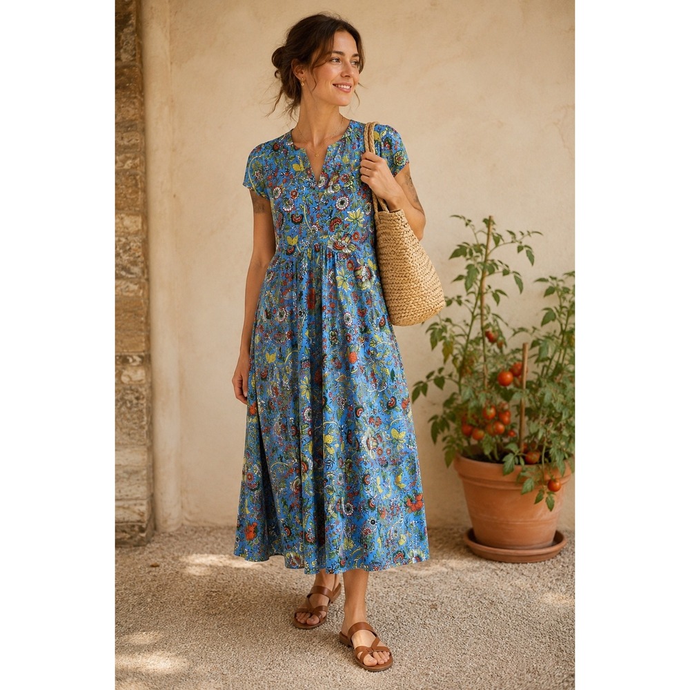 BODEN Fit & Flare Jersey‎ Midi Dress 10 NEW Floral Fruit Euro Summer Vacation